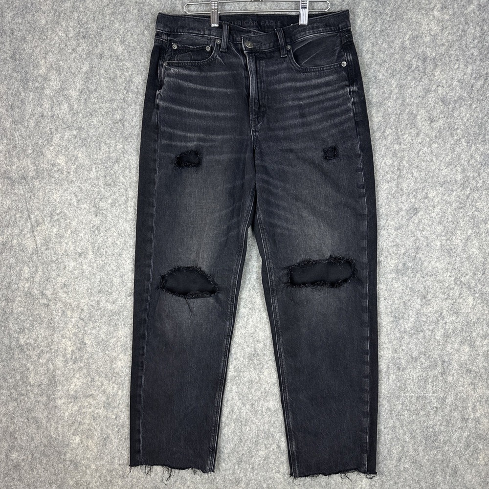 American Eagle Jeans Womens 6 Black Super High-Rise Baggy Straight Raw Hem Holes
